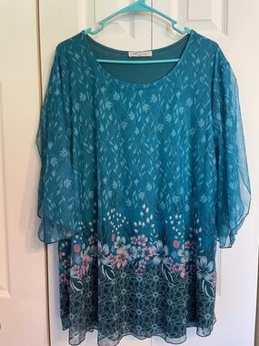 Teal Floral Mesh Tunic Top